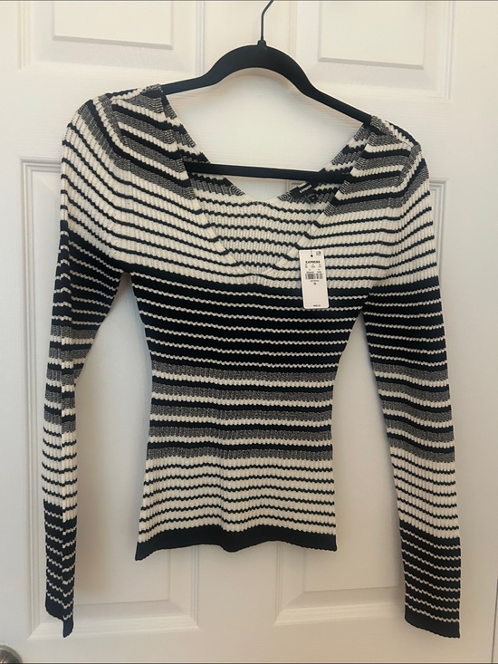 Express Sweaters - Express Black and White Striped V-Neck Sweater